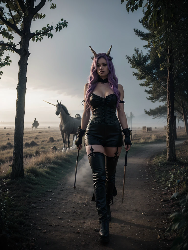 Gothic chica, long curly hair, with a unicorn next to,  walking through fog 