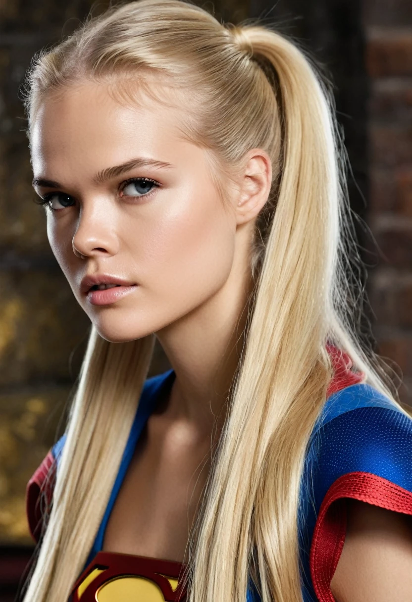 (((Extreme close-up of a beautiful woman Gabriella Wilde long blonde hair(((Hair gathered in a ponytail and abundant )))under the mantle of the Kryptonian Kara zor-The alias Supergirl images Surreal cinematographic HD images Color Splash))),(((Front Images))),(((dreadlocks)))