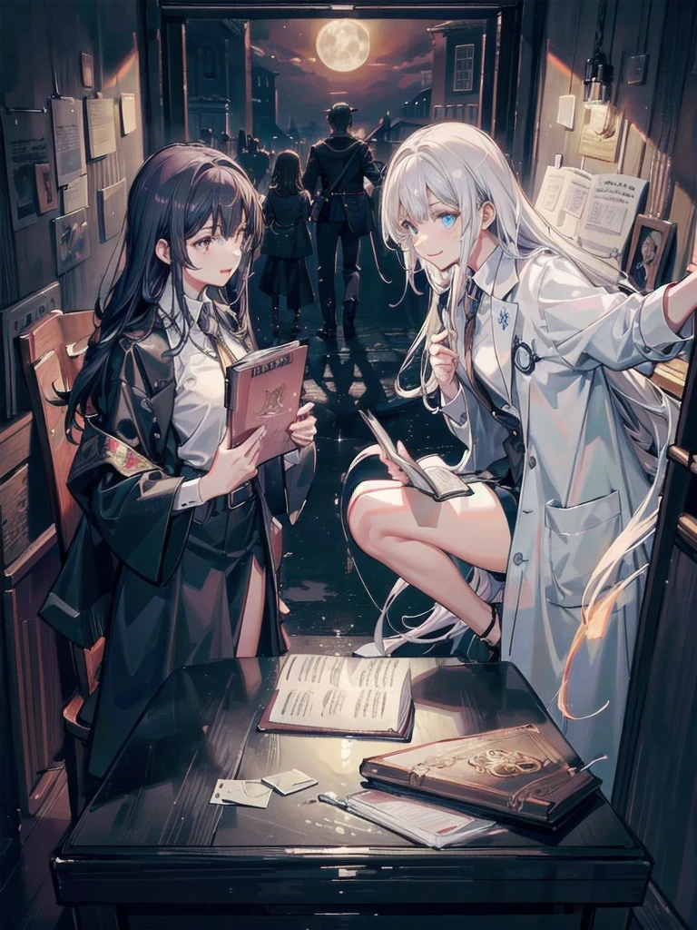 For the first prompt, imagine a hyper-realistic, highly detailed, and high-resolution 16k image for the game cover of "Exorcist's Dilemma". The scene is set in an eerie, rustic village under the soft, eerie glow of the moon. Five distinct figures, the exorcists, stand prominently against this backdrop. On the left, Elizabeth Crawford, a scholarly figure holding an ancient book. Next to her, John McDonald, a stern figure with a visible police badge. In the center, Maria Gomez, a mystical figure with a subtly glowing pendant. To her right, David Wan, a scientific figure in a lab coat, holding a notebook. On the far right, Anna Smith, a compassionate figure with a warm smile, holding a notepad. The title "Exorcist's Dilemma" is displayed at the top in bold, Gothic letters. The image should capture the essence and theme of the game, with a 16:9 aspect ratio, 5.1 surround sound, raw style, image quality set to 2, and a resolution of 750 pixels.