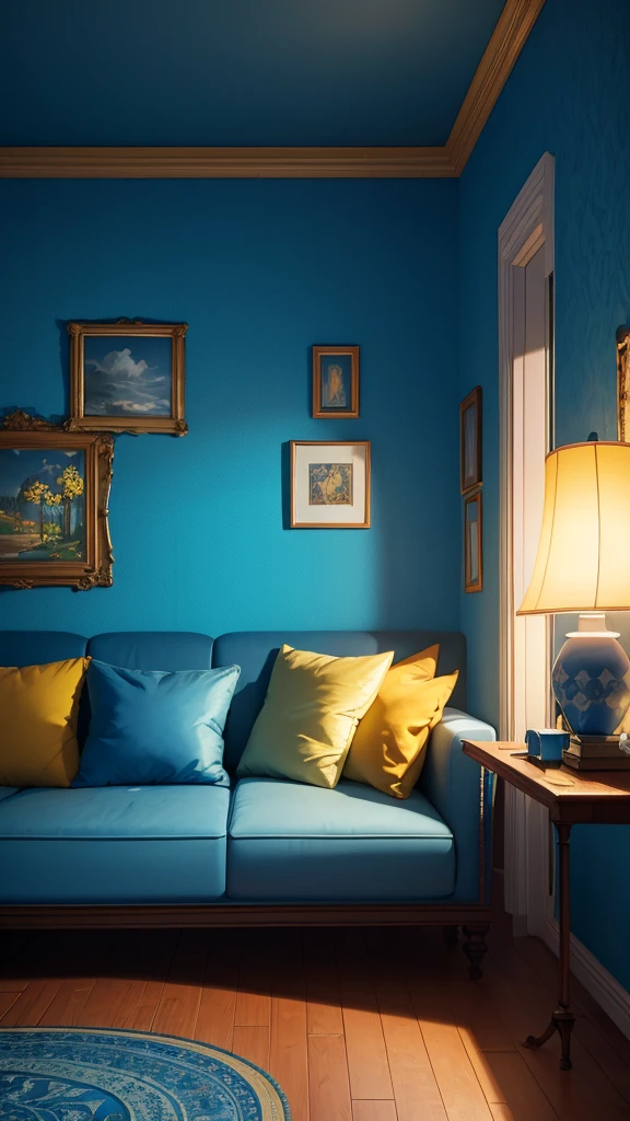 (masterpiece,Highest quality:8K) there is a room with a blue painted wall and a blue couch, a photorealistic painting inspired by Riad Beyrouti, polycount contest winner, maximalism, blue moon ray tracing, blue and yellow theme, rendered in unreal 5, rendered unreal engine 5, magical colours and atmosphere, blue theme and yellow accents, wonderful masterpiece, cozy and peaceful atmosphere