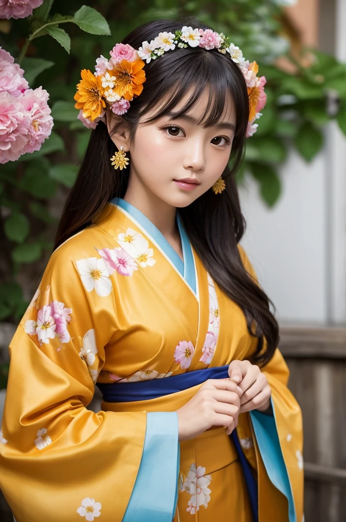 A beautiful Japanese girl with long, dark hair is depicted in a vertical portrait against a rich, floral background. Her hair is styled elegantly with traditional hairpins and adorned with a large, vibrant orange flower. Her makeup is subtly applied, emphasizing her natural beauty, with a touch of orange eye shadow that complements the flower in her hair. She wears a traditional kimono with a stunningly detailed floral pattern, featuring a mix of vibrant colors such as orange, yellow, blue, and white.

The kimono’s fabric showcases intricate designs of various flowers, meticulously painted to convey a sense of depth and texture. The obi (belt) is a bold mustard yellow, which contrasts beautifully with the darker tones of the kimono, adding an element of modernity to the traditional attire. The floral patterns are rendered with fine, precise brushstrokes, showcasing the artist's attention to detail and skill in digital painting.

The background is filled with blooming flowers, rendered in a soft-focus style that gives the scene a dreamy, almost ethereal quality. The flowers are predominantly orange, which complements the girl’s accessories and makeup. The interplay of light and shadow creates a sense of depth, making the background appear lush and vibrant without detracting from the central figure.

The lighting in the illustration is soft and warm, casting a gentle glow on the girl’s face and kimono. The light highlights the delicate features of her face, the intricate patterns of her kimono, and the soft textures of the flowers in the background. This creates a harmonious and balanced composition, drawing the viewer’s attention to the girl's serene expression and the rich details of her attire.

The overall color palette is warm and vibrant, dominated by shades of orange, yellow, and blue, which create a lively and festive atmosphere. The artist employs digital painting techniques to achieve a high level of detail and realism, particularly in the rendering of the f