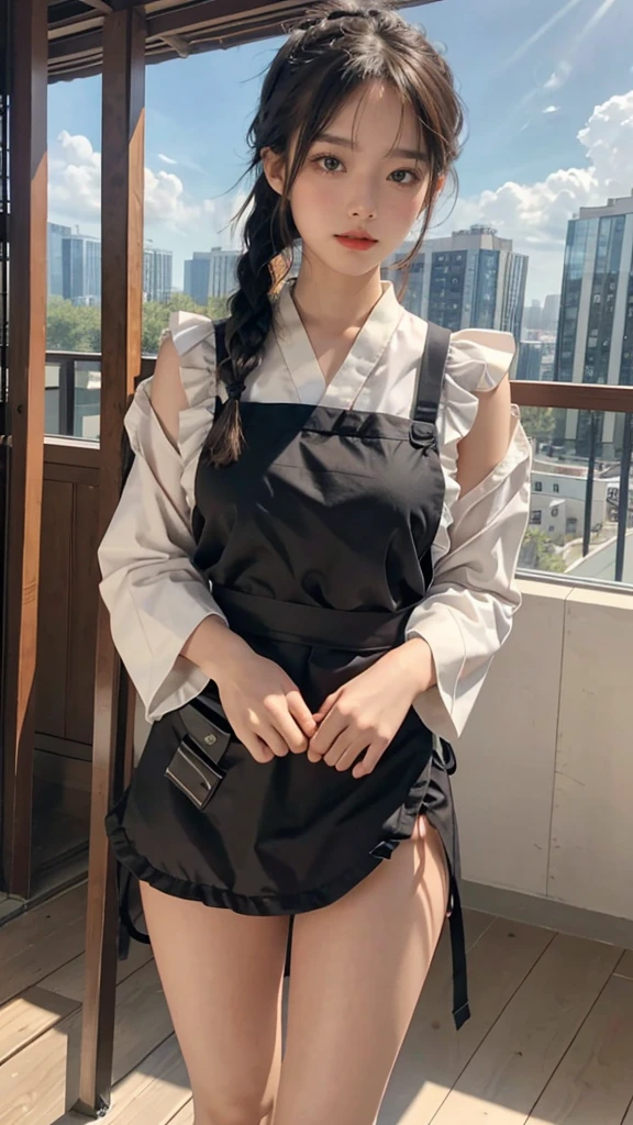 1girl,legs,a girl at building,(((building))),  braided bangs,braided ponytail,(solo:1.2),apron,thick thighs,side-tie panties, balck hair, 16yo,looking at viewer, sunlight,hanfu, 