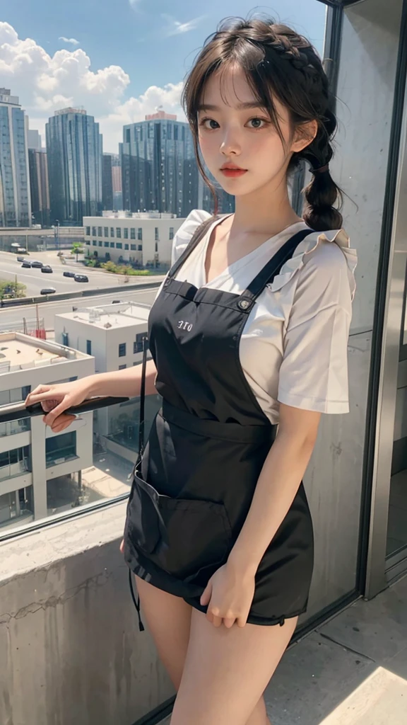 1girl,legs,a girl at building,(((building))), braided bangs,braided ponytail,(solo:1.2),apron,thick thighs,side-tie panties, balck hair, 16yo,looking at viewer, sunlight,hanfu,