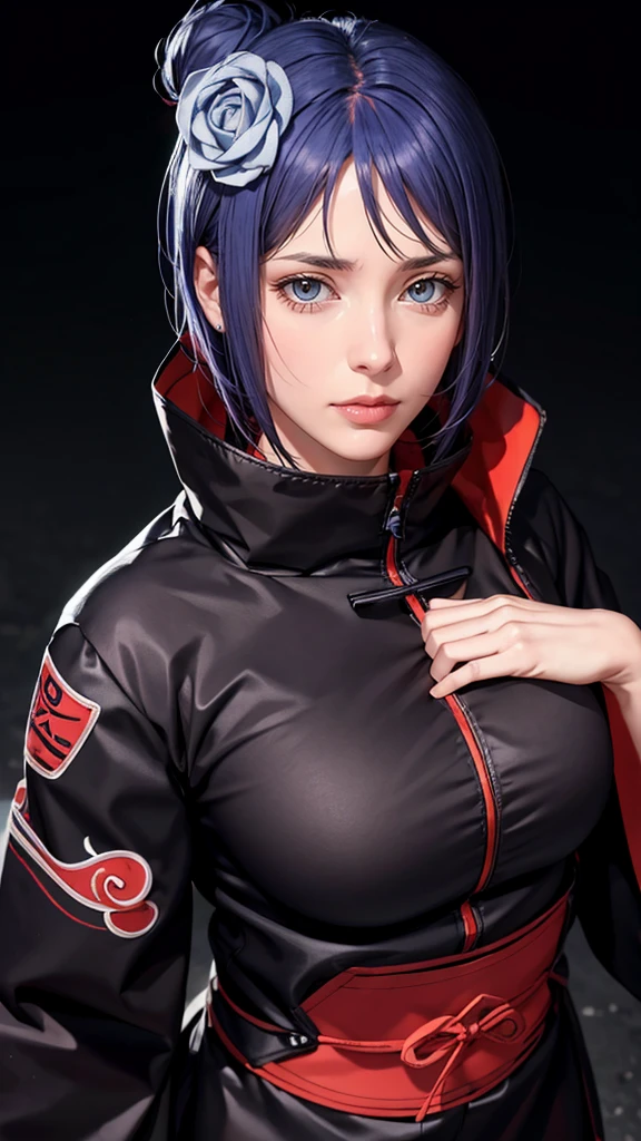 （（（akatsuki outfit，Xiao clothing, ninja, black cloak,black coat, （（（heavy，the woman \(naruto\),the woman, blue hair, Orange pupils, short hair, hair ornament, flower, hair flower, ））），（（（wide hips））），S-shaped body:1.7））），((masterpiece)),high resolution, ((Best quality at best))，masterpiece，quality，Best quality，（（（ Exquisite facial features，looking at the audience,There is light in the eyes，shy，blush，pain，endure ））），（（（Light and shadow interlace，super gigantic ，cleavage））），（（（looking into camera，from above，looking down，looking into camera，white paper airplane，white paper，Hands hidden in sleeves）））sexy full body walk