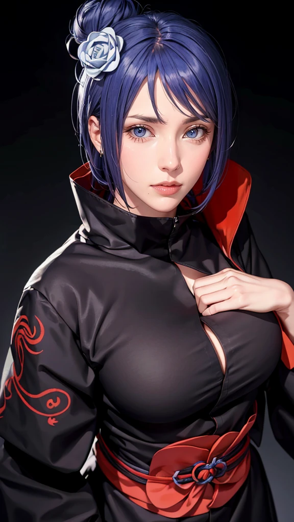 （（（akatsuki outfit，Xiao clothing, ninja, black cloak,black coat, （（（heavy，the woman \(naruto\),the woman, blue hair, Orange pupils, short hair, hair ornament, flower, hair flower, ））），（（（wide hips））），S-shaped body:1.7））），((masterpiece)),high resolution, ((Best quality at best))，masterpiece，quality，Best quality，（（（ Exquisite facial features，looking at the audience,There is light in the eyes，shy，blush，pain，endure ））），（（（Light and shadow interlace，super gigantic ，cleavage））），（（（looking into camera，from above，looking down，looking into camera，white paper airplane，white paper，Hands hidden in sleeves）））sexy full body walk