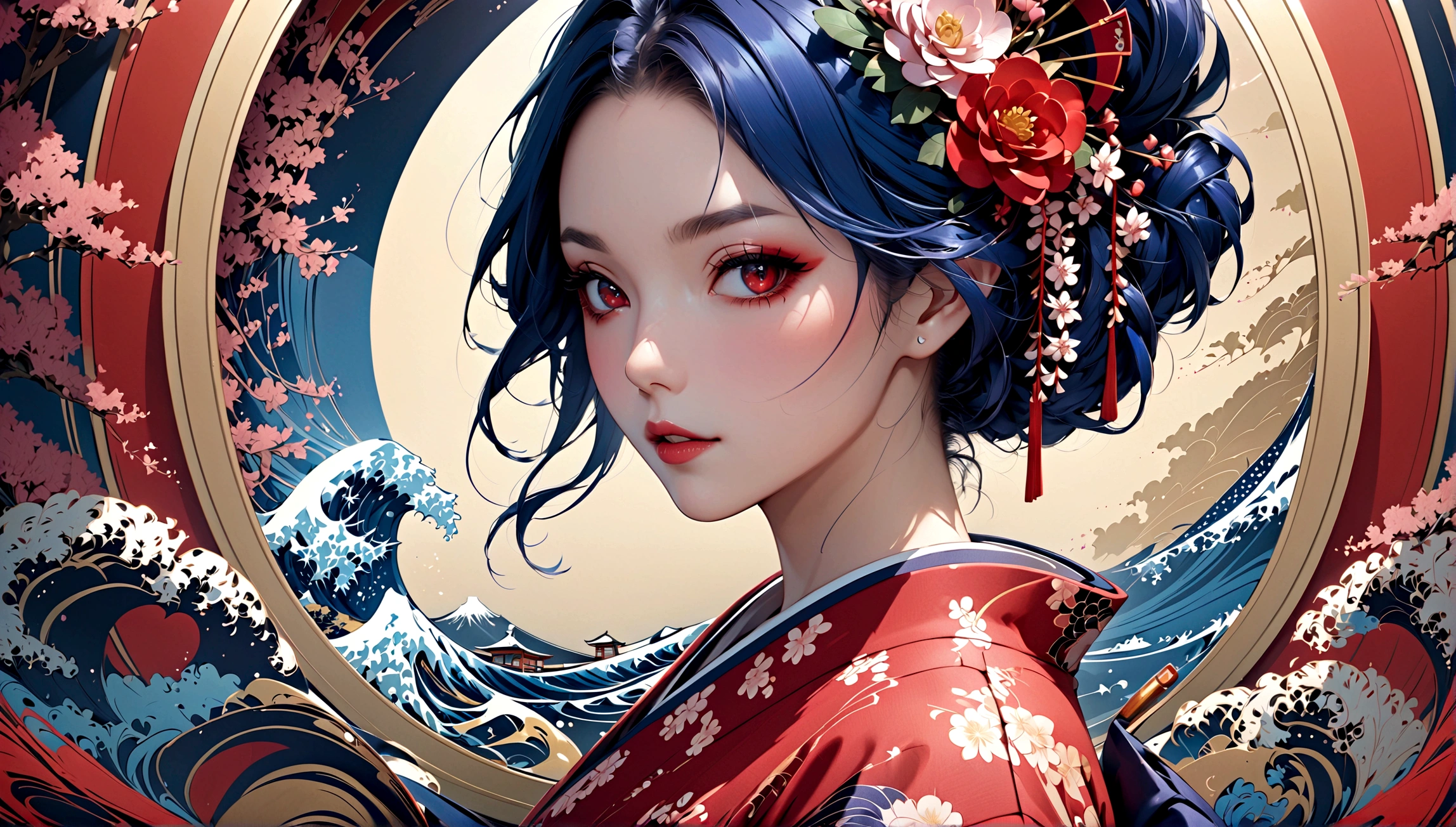 masterpiece,best quality, cowboy shot, centered, 1girl, (fractal art), Ukiyoe art style, kimono, blue hair, geisha, makeup, red eyes, anime art style,
