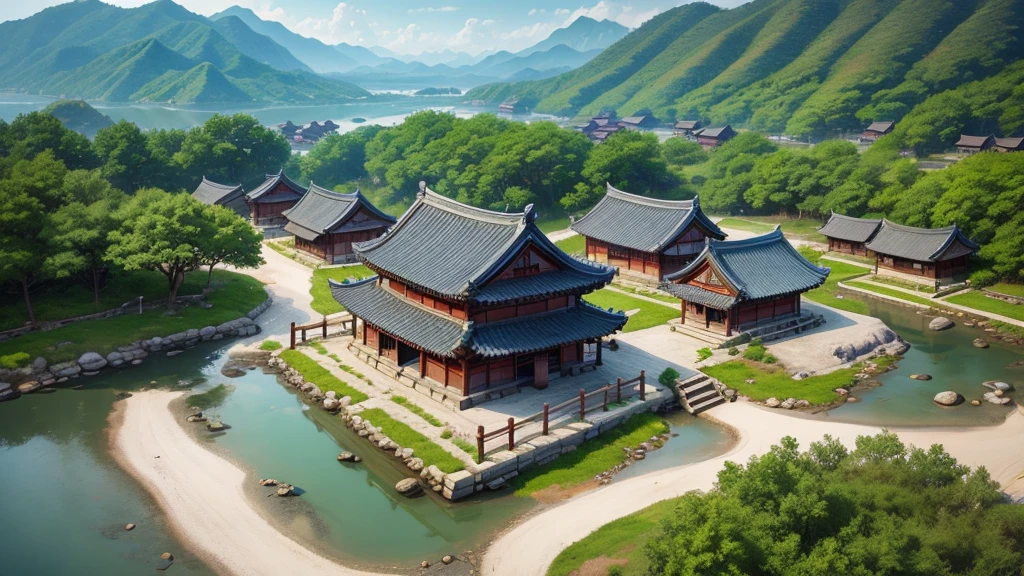 Korean ancient village, Aerial view, Photorealistic photos, High definition, 8K