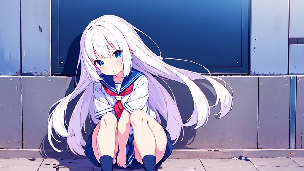 school gymnasium primary school girl
8 years by plan long white hair blue eyes white are ((1 person)) White Sailor Uniform Half Sleeve Top Navy blue underbody mini skirt((White panties are visible.)) black socks sneakers stand next to the wall Open your legs a little I can see white panties dynamic angle center of upper body
