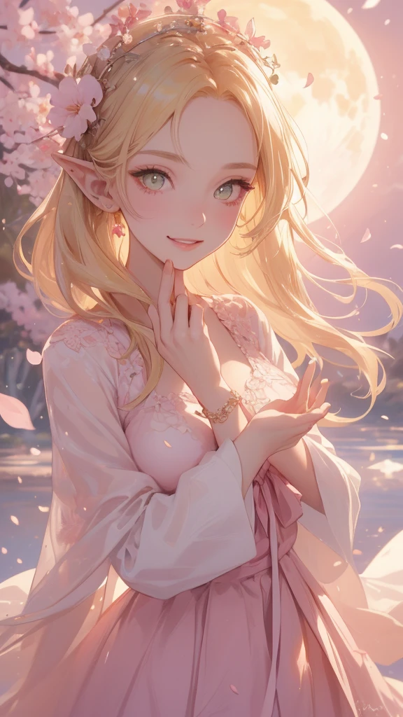 work of art, ultra creative, epic details, ultra detaild, best resolution, Woman, blonde, (BEAUTIFUL ELF), {wreath on head} ((rosto angelical)), sculptural body, pink outfit, ((perfect hands))), pink scenery, no mistakes, (((rosto ultra detaild ))), ((( olhos ultra detailds ))) glad, (expression of joy), (big smile on your face), Simple smile, moon in the background, Sakura petals around