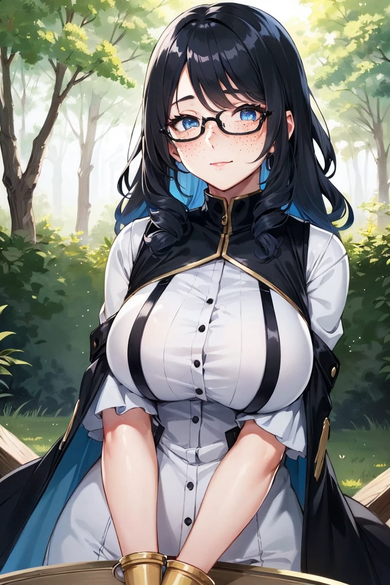 ((young adult short woman, young_face with freckles)), (glowing blue eyes), chubby, gradient (black hair), long wild hair, large round gold glasses, medium c-cup breasts, shiny skin, cutesy, outdoors, waiting, looking curious, magical