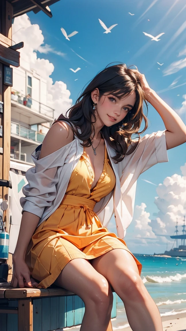 ((最high quality, 8K, masterpiece: 1.3, Ultra HD, high quality, 最high quality, High resolution, realism)) 、Beautiful 18 year old Caucasian female、Hair is black、Iridium Hair、My hair is wavy、smile、I want to keep my head out of the screen.、sit on a high breakwater on the beach、The blue sky is beautiful、There is a cloud at the entrance、that'summer、I'm wearing a sailor suit、Wearing a navy blue pleated skirt、Wear loafers、There is a road in front of the breakwater.、There is a sign indicating the bus stop.、The sea is beautiful、Beautiful Horizon、 island can be seen offshore