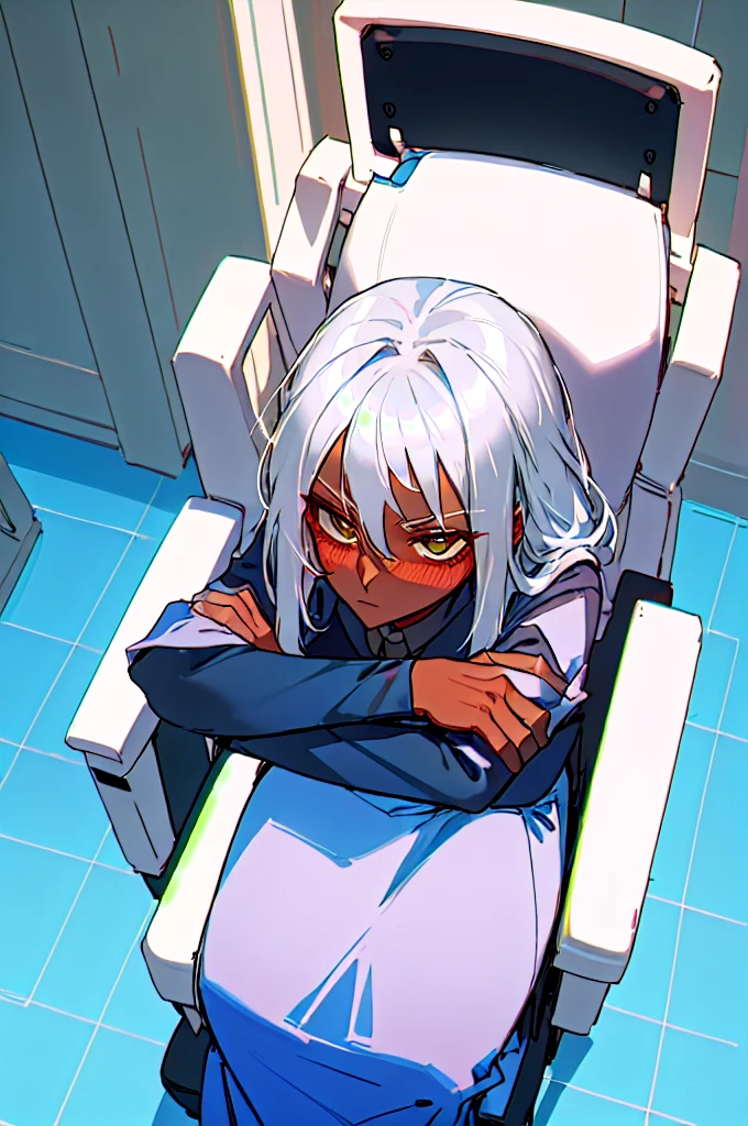 painting (by ratatatat74:1.25), 1girl, solo, (dark skin:1.31), silver hair, office suit, strict, office, arms crossed, on chair, 4K, majestic lighting 