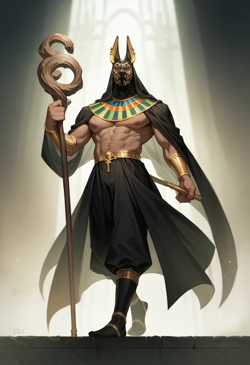 a man dressed as realistic zumbi skin Anubis halloween costume design, intimidating psychopathic man, anubis mask, dark energy, black costume, holding a staff, full body highly detailed, cinematic lighting, dramatic atmosphere party entrance, photorealistic, 8K, masterpiece