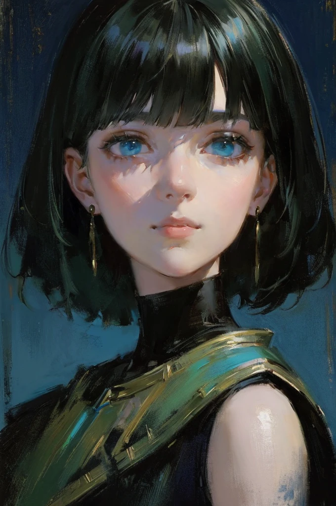 (top-quality、masterpiece:1.2) 1woman, detailed portraiture art of a character, loose oil paint, thick pain, portrait, video game character art, female, black background background, stunning, perfect artwork, clean bob cut, black dress, black hair dyed green at the ends, blue eyes, earrings