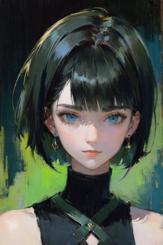 (top-quality、masterpiece:1.2) 1woman, detailed portraiture art of a character, loose oil paint, thick pain, portrait, video game character art, female, black background background, stunning, perfect artwork, clean bob cut, black dress, black hair dyed green at the ends, blue eyes, earrings