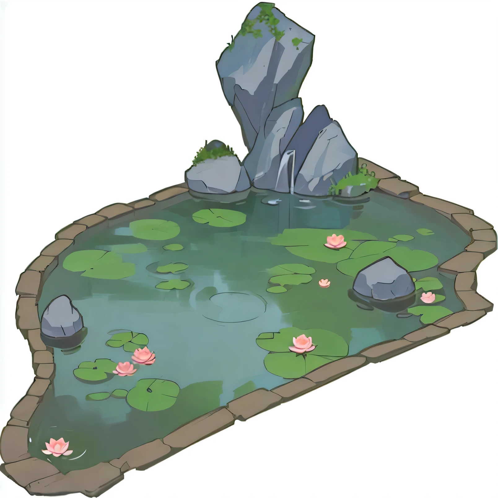there is a small pond with water lilies and rocks, small pond, pond, Small lake, Small lake, lotus pond, pond scene, pond landscape, koi pond, garden pond scene, still pond, Underground Lake, sword stuck in a pond island, Water Temple, Simple style, Concept works, Floating Magic Rock, Magic glass container pictures, submerged temple scene，rockery，Stone