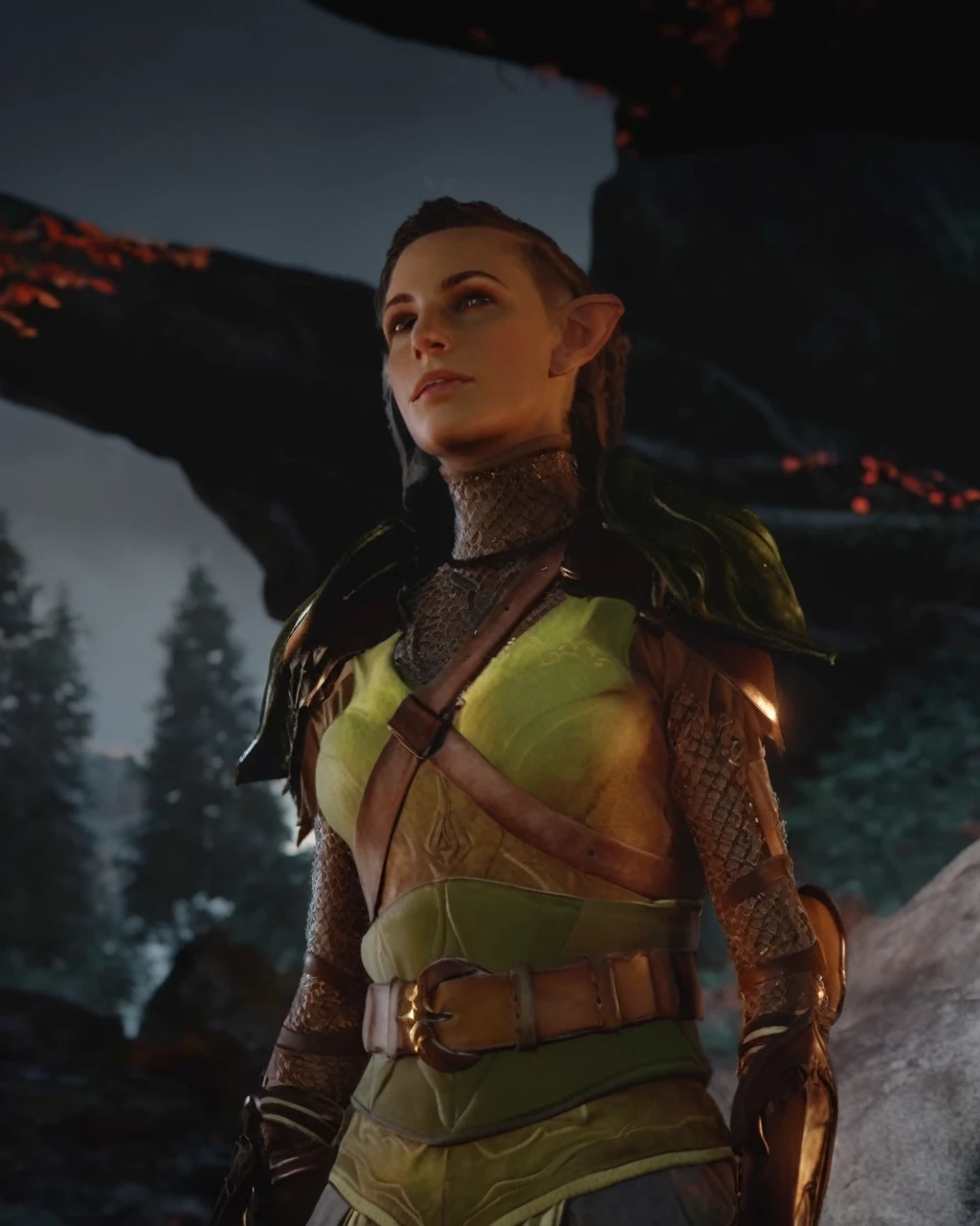 (Realistic:1.4), elf ranger in the forest, Brown half shaved head hair, delicate features of a thin face, cute sexy, perfect full body, Fantasy style, 8K, proffesional photography, Hi-Def, lifelike skin, Without cosmetics, background of the Middle Ages, The sun shines its rays through the treetops, bokeh