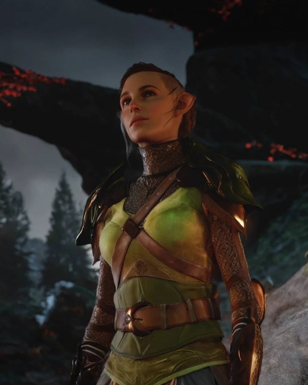 (Realistic:1.4), elf ranger in the forest, Brown half shaved head hair, delicate features of a thin face, cute sexy, perfect full body, Fantasy style,  8K, proffesional photography, Hi-Def, lifelike skin, Without cosmetics, background of the Middle Ages, The sun shines its rays through the treetops, bokeh