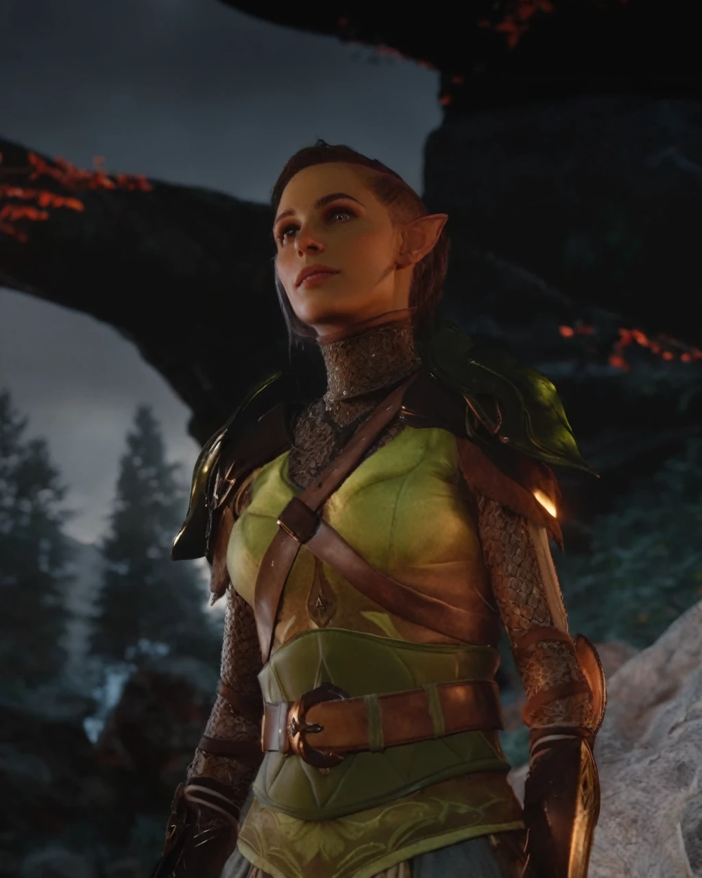 (Realistic:1.4), elf ranger in the forest, Brown half shaved head hair, delicate features of a thin face, cute sexy, perfect full body, Fantasy style, 8K, proffesional photography, Hi-Def, lifelike skin, Without cosmetics, background of the Middle Ages, The sun shines its rays through the treetops, bokeh