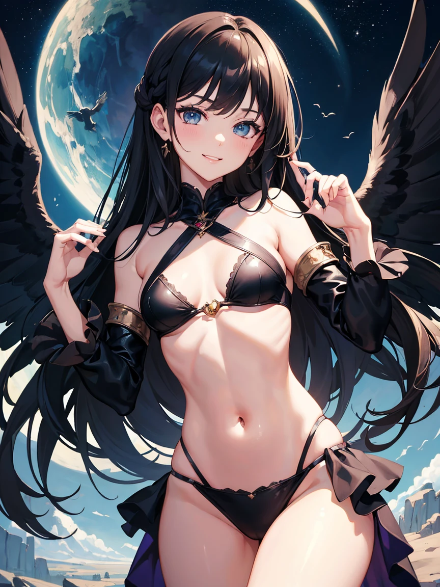 ((Masterpiece)),(Best Quality),(Highest resolution),(8K),(Clean lines),(Perfect Face,Perfect meat),(Official Art), Cowboy Shot,(Magical girl),villain, Black Costume, Small breasts, Long Hair, large black feathers, Night Sky, Wicked Smile
