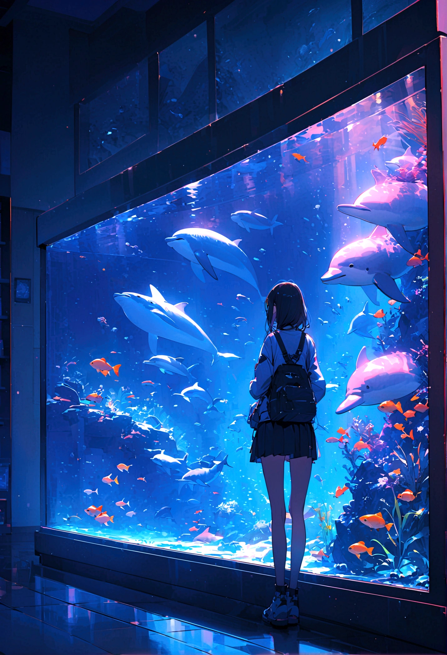 aquarium、A girl standing in front of a huge aquarium、Large single glass aquarium、Dimly lit interior、Quiet atmosphere、Girl looking up at a fish tank、There is a girl in the center、Angle of view from the rear、A tank much taller than the girl、Dolphin tank、A very wide aquarium