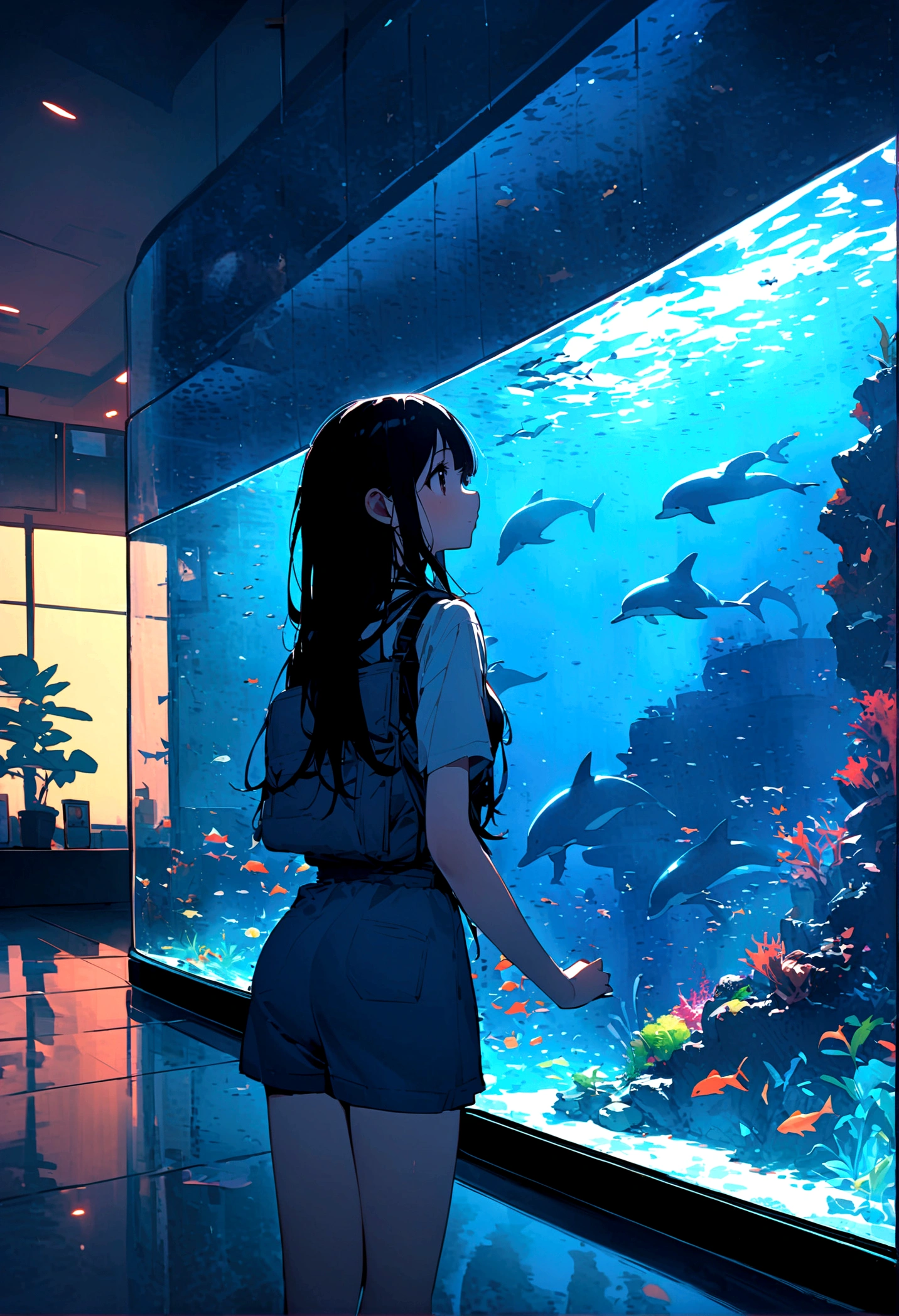 aquarium、A girl standing in front of a huge aquarium、Large single glass aquarium、Dimly lit interior、Quiet atmosphere、Girl looking up at a fish tank、There is a girl in the center、Angle of view from the rear、A tank much taller than the girl、Dolphin tank、A very wide aquarium