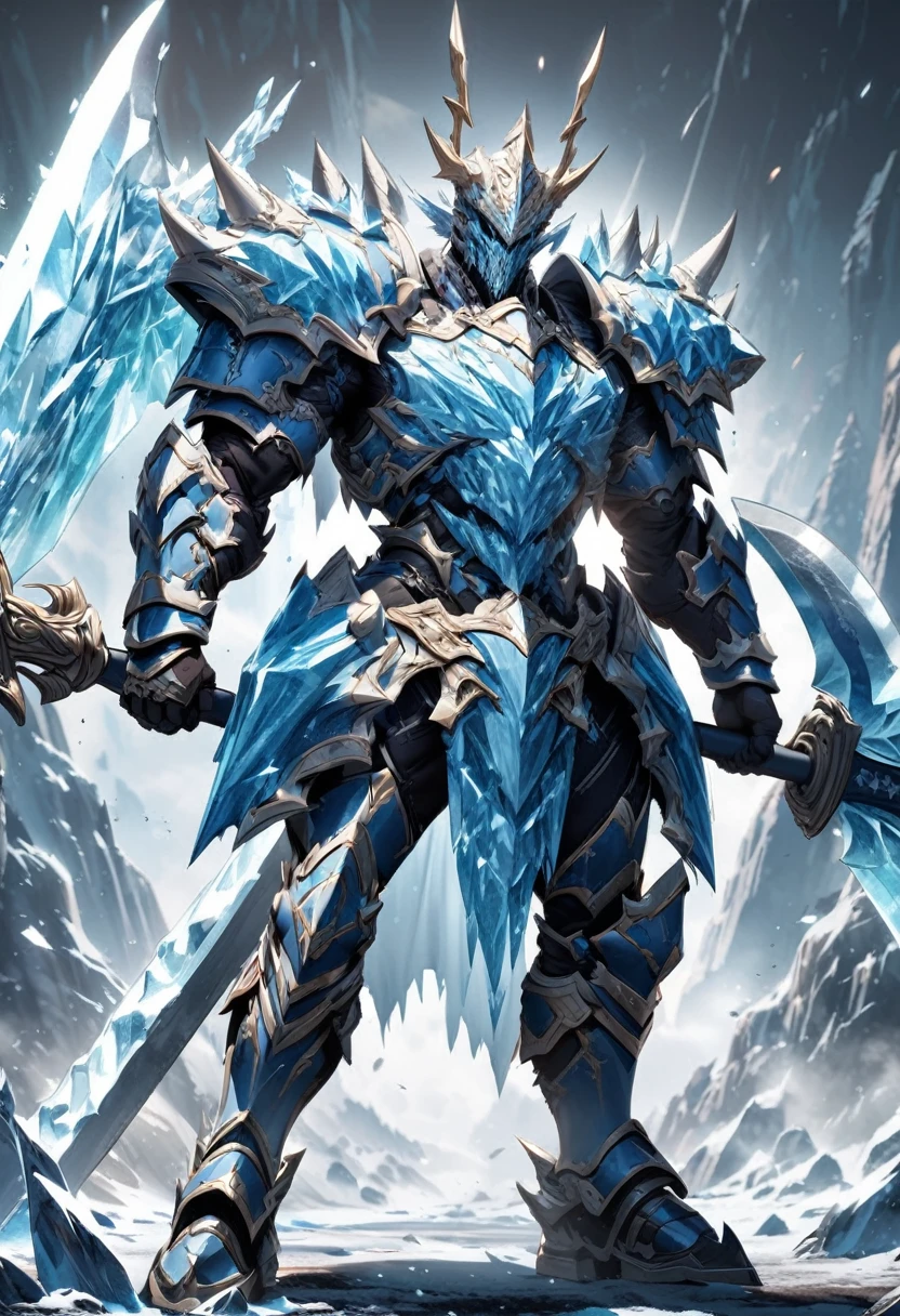 extremely detailed human warrior wearing a set of armor made from ice wielding a massive greataxe with both hands made of the same material