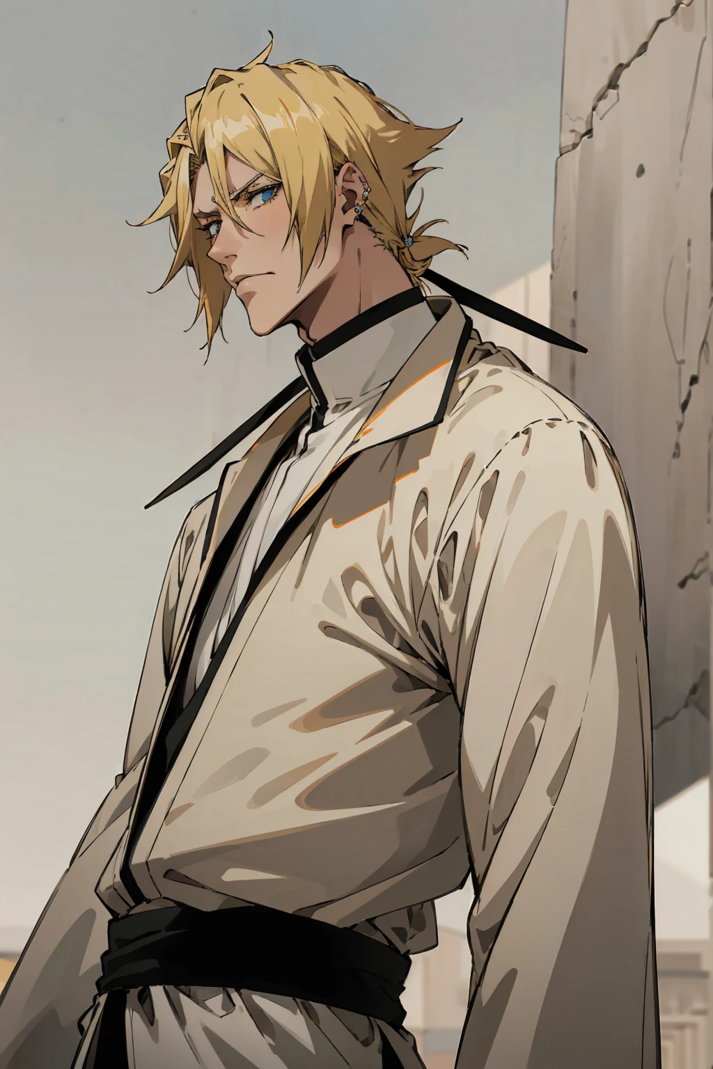 1male, Young Adult, Short Hair, YellowColored Hair, Black Highlights, Two Toned Hair, Sky Blue Eyes, Bleach, Hueco Mundo, Arrancar Clothing, Sunny, Muscular, White Coat, Detailed Eyes, Wavy Hair, Earring, Slicked Back Hair