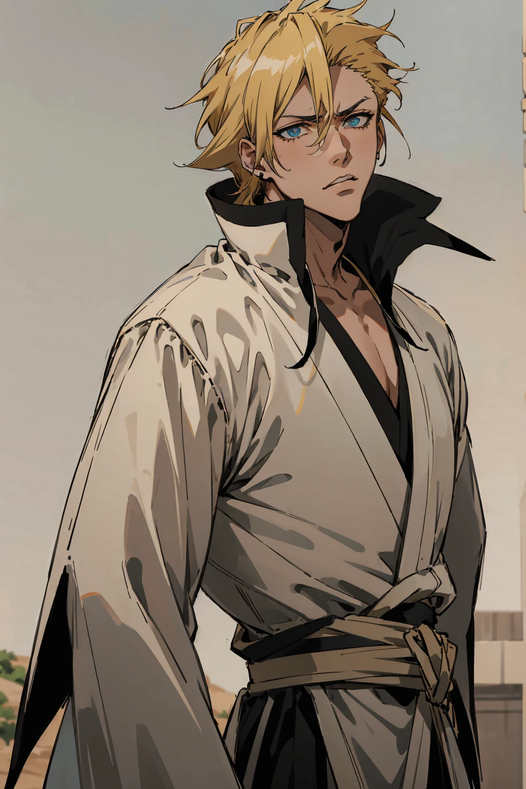 1male, Young Adult, Short Hair, YellowColored Hair, Black Highlights, Two Toned Hair, Sky Blue Eyes, Bleach, Hueco Mundo, Arrancar Clothing, Sunny, Muscular, White Coat, Detailed Eyes, Wavy Hair, Earring, Slicked Back Hair