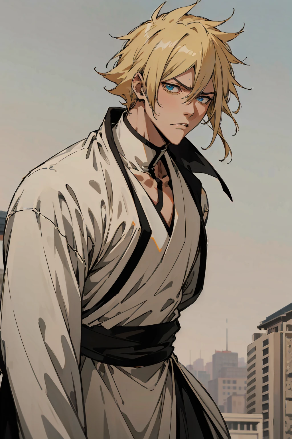 1male, Young Adult, Short Hair, YellowColored Hair, Black Highlights, Two Toned Hair, Sky Blue Eyes, Bleach, Hueco Mundo, Arrancar Clothing, Sunny, Muscular, White Coat, Detailed Eyes, Wavy Hair, Earring, Slicked Back Hair