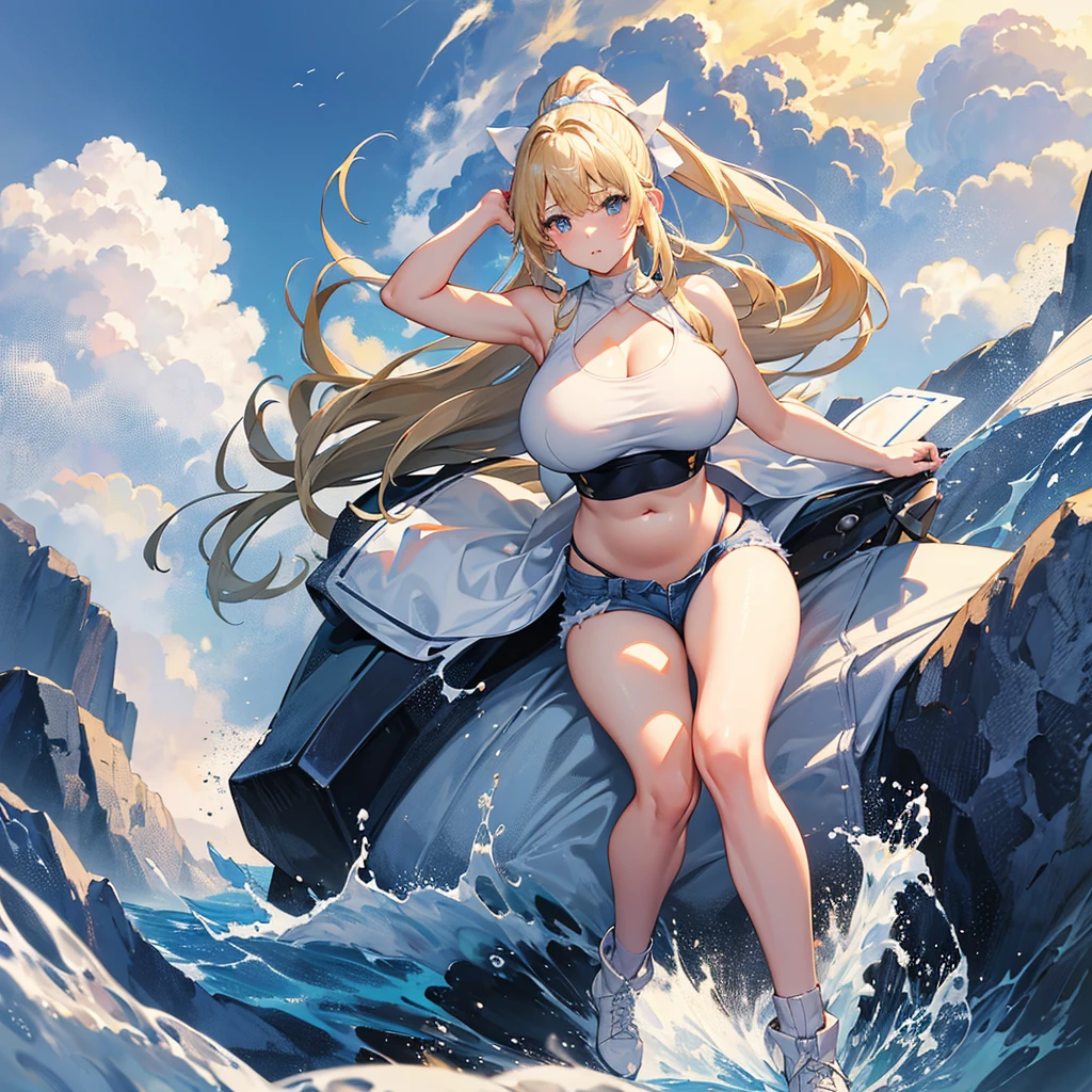 high resolution、high quality、masterpiece、detailed、Blonde、ponytail、Large white ribbon、White tank top、Open your chest wide、Big Tits、Put on your Air Force jacket、Belly button exposed、High leg jeans、Bare legs、Thick-soled boots、highway、blue sky、cumulonimbus、