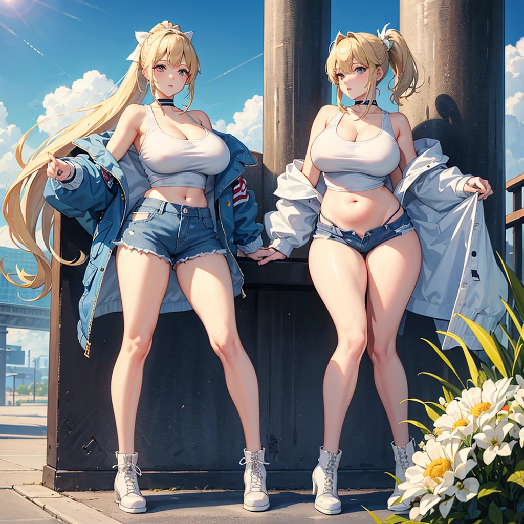 high resolution、high quality、masterpiece、detailed、Blonde、ponytail、Large white ribbon、White tank top、Open your chest wide、Big Tits、Put on your Air Force jacket、Belly button exposed、High leg jeans、Bare legs、Thick-soled boots、highway、blue sky、cumulonimbus、