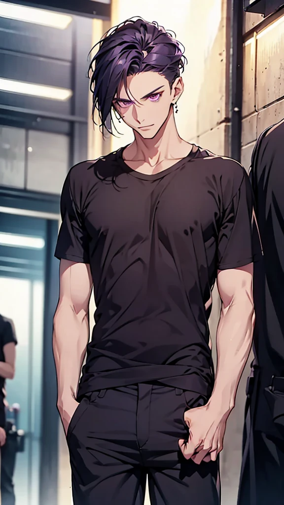 boy、、Dirty T-shirt、Black trousers、Purple Short Hair、Dark look、One hand touching the neck