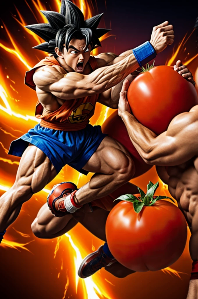 Goku fighting a muscular tomato on a McDonald's missile while a ninja flies