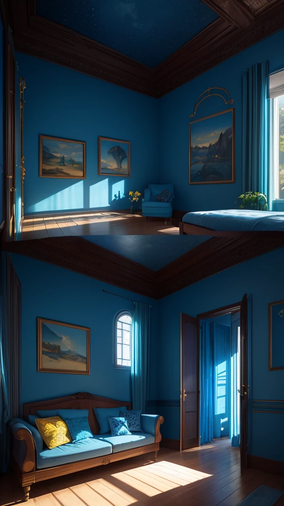 (masterpiece,Highest quality:8K) there is a room with a blue painted wall and a blue couch, a photorealistic painting inspired by Riad Beyrouti, polycount contest winner, maximalism, blue moon ray tracing, blue and yellow theme, rendered in unreal 5, rendered unreal engine 5, magical colours and atmosphere, blue theme and yellow accents, wonderful masterpiece, cozy and peaceful atmosphere