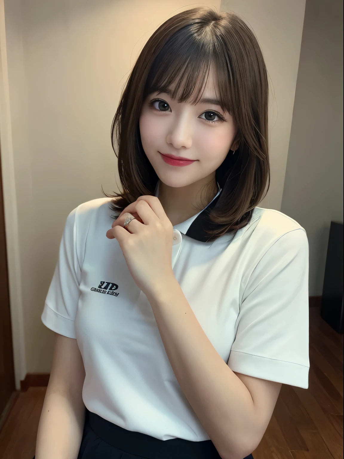 top-quality、Photorealsitic、8K、hight resolution、Perfect litthing、a gorgeous、masterpiece、realisitic、closeup portrait、
1girl in、piercingeyes、Light shirt、middlebreasts、shorth hair、Look at viewers、kindly smile、in the room、in the room、a miniskirt、sun shine、age 30s