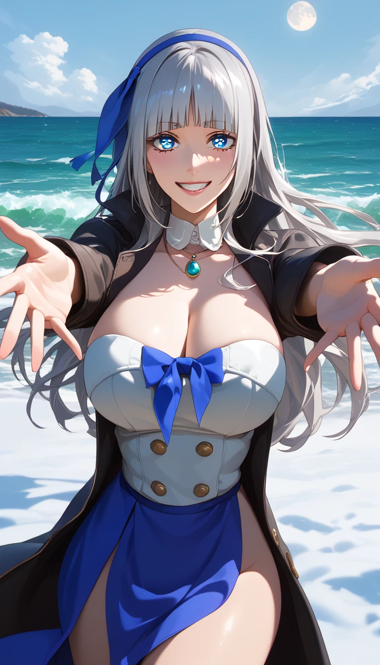 score_9, score_8_up, score_7_up, score_6_up, uncensored, mylene, long hair, silver hair, blunt bangs, blue hairband, blue eyes, necklace, BREAK (masterpiece:1.2), best quality, high resolution, (detailed eyes:1.3), perfect lighting, (perfect hands, perfect anatomy), large breasts, soft focus, fantasy art, moon, full_moon, gloves, snow, outstretched_arms, ocean, black_gloves, 1girl, long_hair, waves, coat, solo, outdoors, black_coat, long_sleeves, water, snowing, buttons, breath, looking_at_viewer, winter, reaching_out, smile, spread_arms, winter_clothes