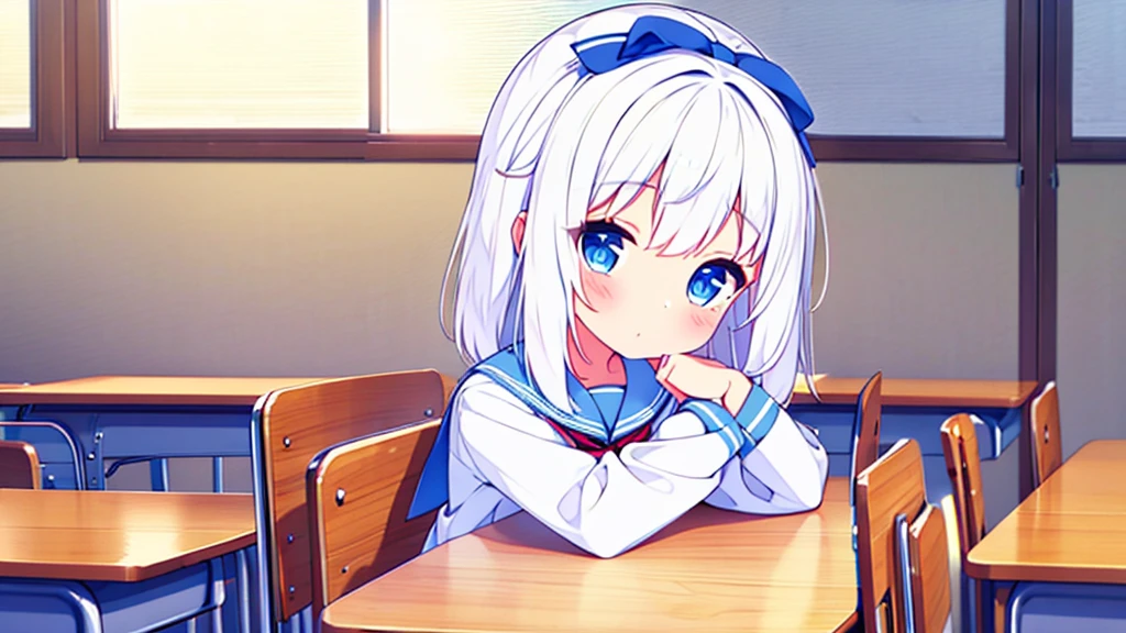 1 cute beautiful great quality perfect anatomy 8k girl white hair with ribbon decorations on her head blue eyes in School Bloomers Women with white mayas at home