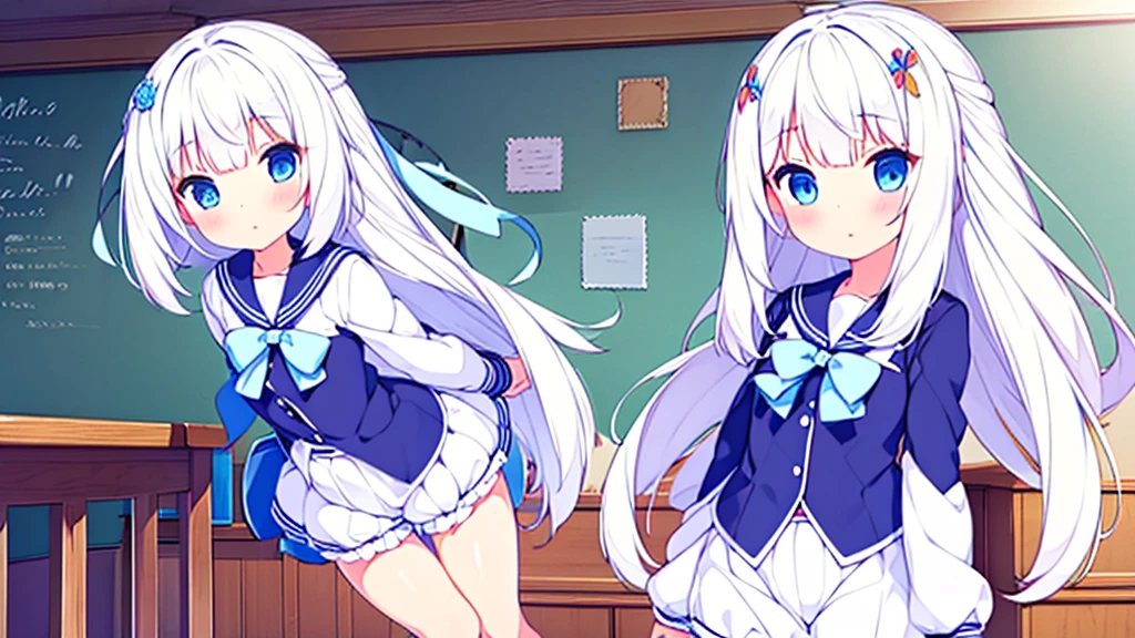 1 cute beautiful great quality perfect anatomy 8k girl white hair with ribbon decorations on her head blue eyes in School Bloomers Women with white mayas at home
