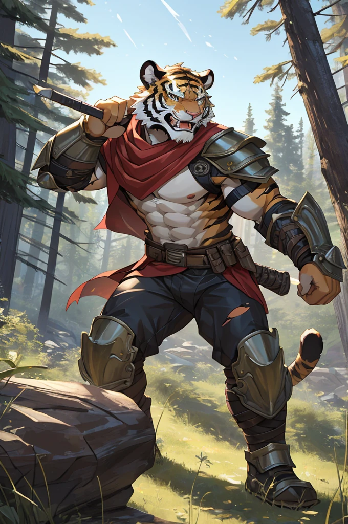 Tiger,Young Adults,Strong,handsome,warrior,Sexy body,Golden fur,Huge penis,Exposed genitals,毛茸茸的Tiger爪,Extremely revealing clothing(Scapula,Armor knee pads,Crotch bulge,The genitals are extremely prominent,Red torn shawl,Bare chest and abdomen,Bare thighs,barefoot),expression(vigilante,Gnashing of teeth),action(Standing,vigilante),Alone,angry,Challenge the camera character to a duel,environment(Clearing in open forest,There are sparse low weeds around,There are pine trees in the distance)