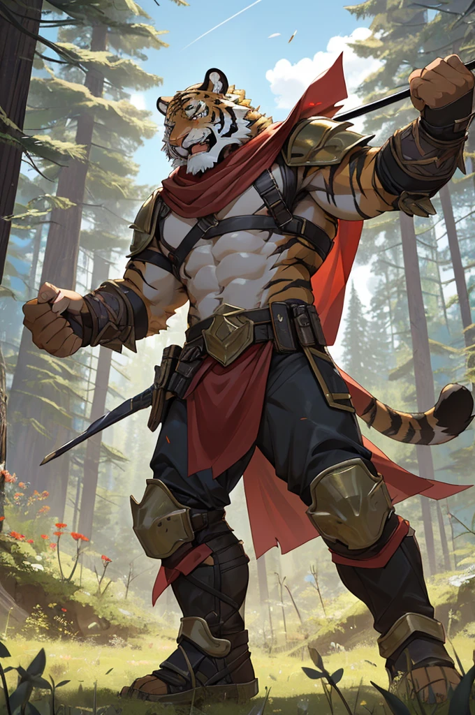 Tiger,Young Adults,Strong,handsome,warrior,Sexy body,Golden fur,Huge penis,Bare chest and abdomen,Bare legs,unarmed,Very cool to wear,Revealing clothing,毛茸茸的Tiger爪,Extremely revealing clothing(Scapula,Armor knee pads,Red torn shawl,No pants),expression(vigilante,Gnashing of teeth),action(Standing,vigilante),Alone,angry,Challenge the camera character to a duel,environment(Clearing in open forest,There are sparse low weeds around,There are pine trees in the distance),good-looking,masterpiece,Very detailed,best quality.
