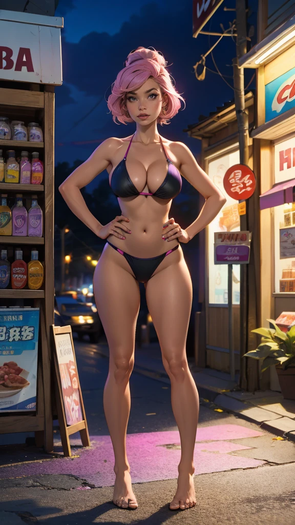 Masterpiece, best quality, Masterpiece, best quality, 1 woman , pink hair , purple eyes , sly face , black bikini , big breasts , abdomen , Long legs , Put your hands on your hips. , Barefoot , full body , convenience store