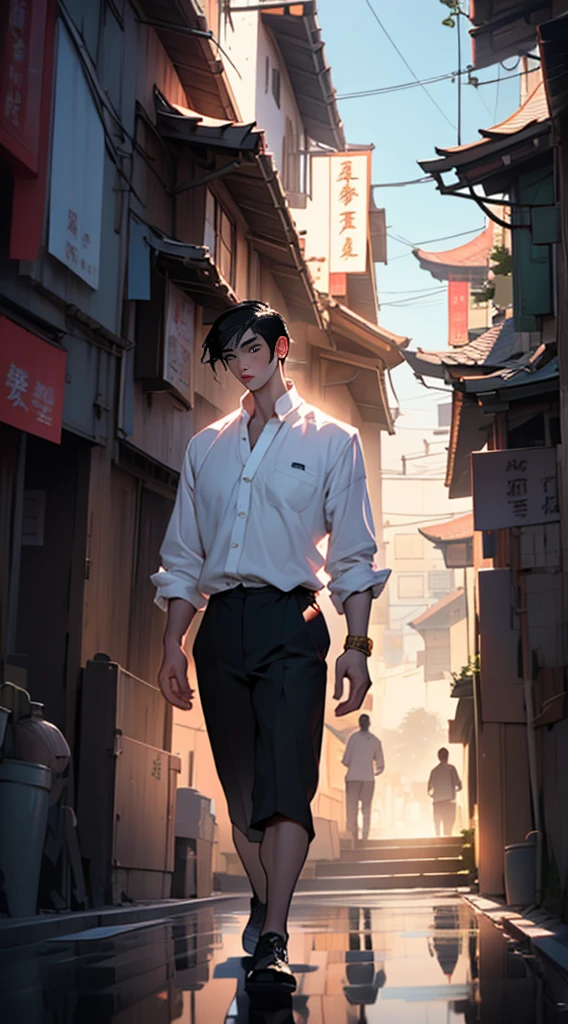 a man with black hair in bed with white shirt on the left, in the style of the stars art group xing xing, cartoon mis-en-scene, realistic scenery, i can't believe how beautiful this is, golden light, reflective, chinapunk