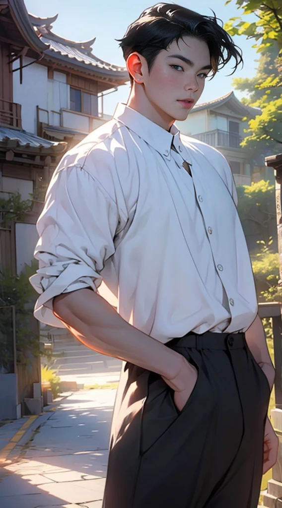 a man with black hair in bed with white shirt on the left, in the style of the stars art group xing xing, cartoon mis-en-scene, realistic scenery, i can't believe how beautiful this is, golden light, reflective, chinapunk