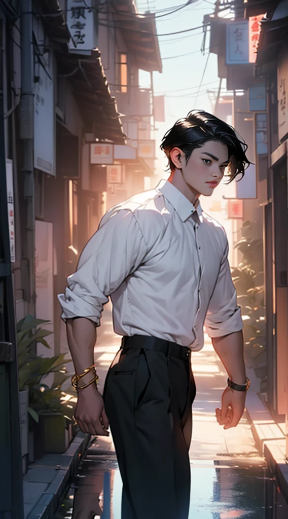 a man with black hair in bed with white shirt on the left, in the style of the stars art group xing xing, cartoon mis-en-scene, realistic scenery, i can't believe how beautiful this is, golden light, reflective, chinapunk