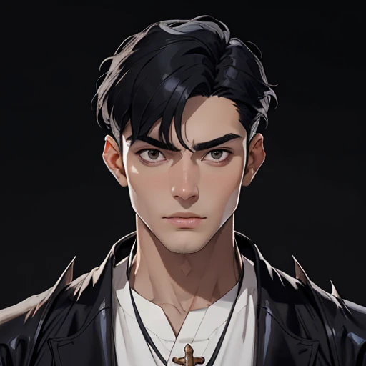 (masterpiece), (best quality),(portrait),(bust up),1boy,solo,(sharp focus),((look at viewer)), priest,(black hair),adult, (ancient:1),ancient luxurious long clothes,old school fantasy art,((simple background)),super shiny face,Ultra Glossy Skin,