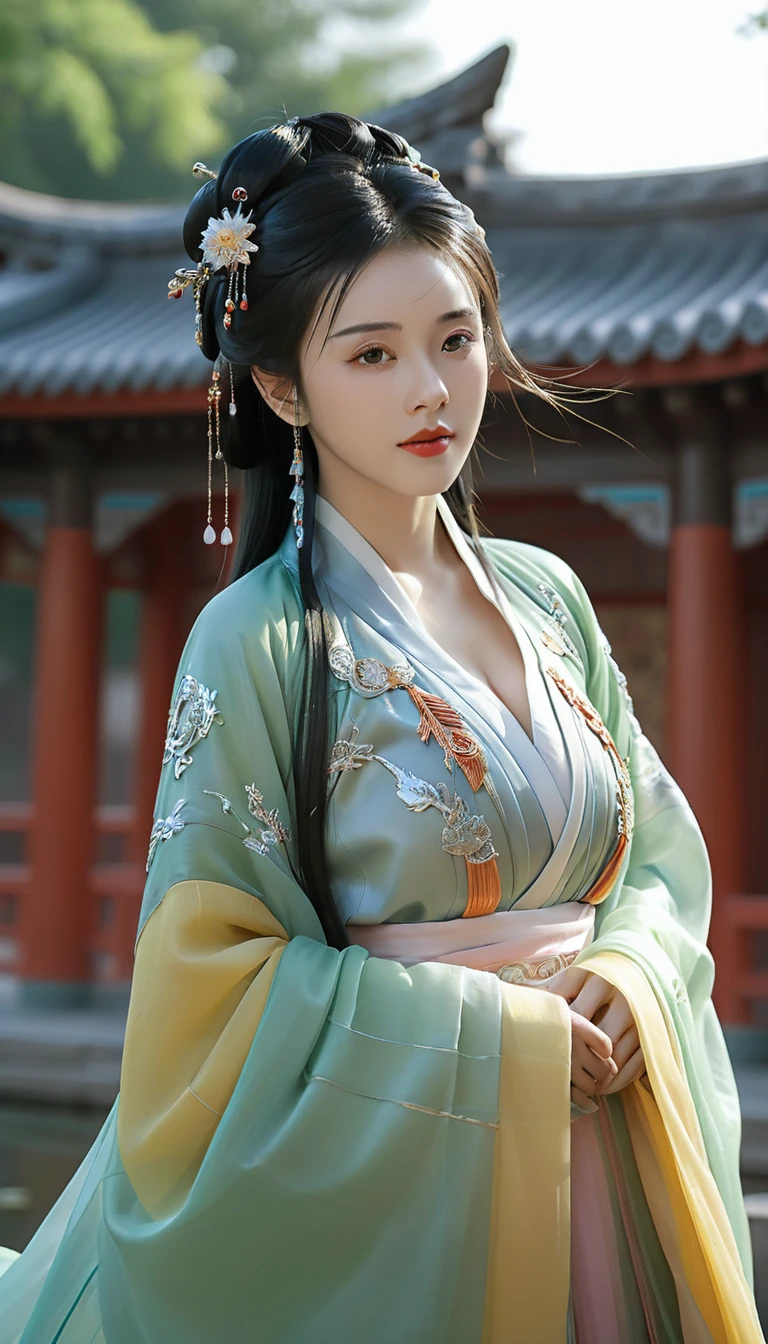 Ultra realistic, Intricate, Epic movie scene),1girl,hanfu,full body,(huge breasts:1.7), casting an otherworldly radiance on its surroundings,(Intricate, Lots of tiny details, amazing lighting, amazing setting),(Colorful, Ultra Realistic, High quality, Highly detailed, Sharp focus, 8K UHD, Ultra realism，(smile:0.3)