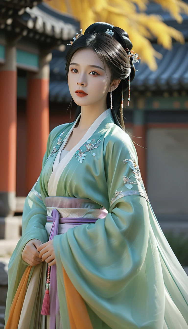 Ultra realistic, Intricate, Epic movie scene),1girl,hanfu,full body,(huge breasts:1.7), casting an otherworldly radiance on its surroundings,(Intricate, Lots of tiny details, amazing lighting, amazing setting),(Colorful, Ultra Realistic, High quality, Highly detailed, Sharp focus, 8K UHD, Ultra realism，(smile:0.3)