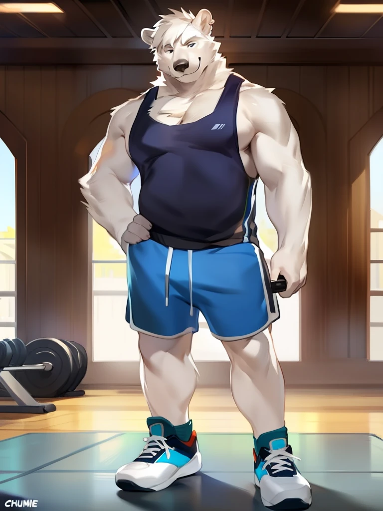 Solo, Male, polar bear, (short hair, snout), messy fur, messy hair, smirking, notched ear, by Bebebebebe, by Spikes, By Darkgem, by Mystic Fox 61, by Chunie, standing, tank top, gym shorts, gym shoes, looking at viewer, Dilf, Daddy, father figure, mature male, hunk, pecs, very detailed gym clothing, very detailed fur texture, very detailed lighting, very detailed eyes, gloves, very well drawn gym clothing, very well drawn face, bulky, bulk, ((really big muscle, massive muscular, sixpack, thick arms, wide pectoral, super huge muscle, hyper muscular, over sized muscle, huge arms, big arms, huge pectoral))