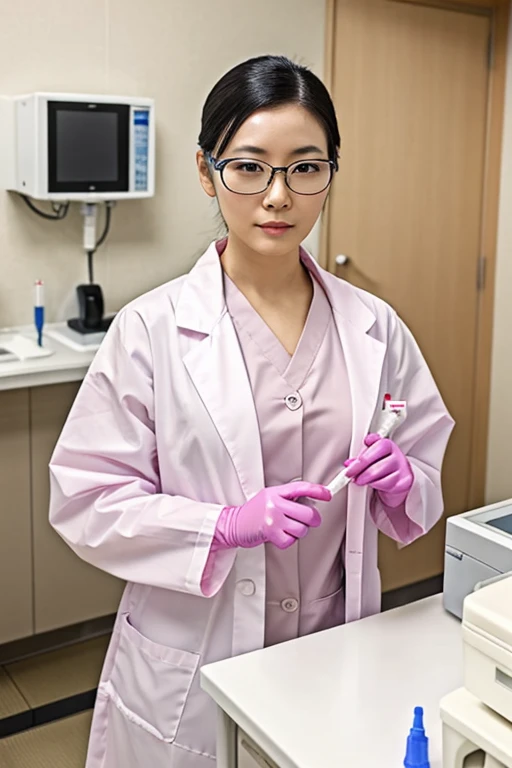 A beautiful Japanese woman with glasses and black hair slicked back in a white lab coat, wearing large pink rubber gloves and holding a syringe in a hospital room, looking at the camera with a cold expression